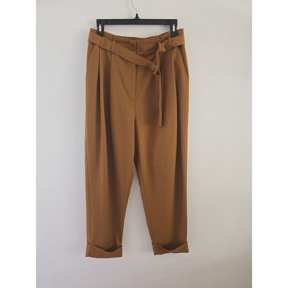 Elizabeth And James Paperbag Belted Pleated Mustard Brown Cuff Ankle Pants 10 M - Picture 2 of 14